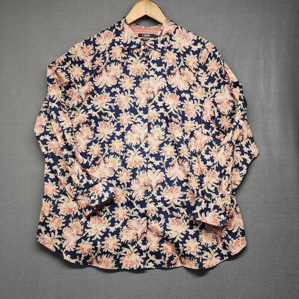 Chaps Top Womens 1X Button Up Floral Colorful Loud Print Long Sleeve No Iron